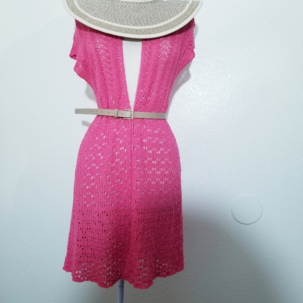 Open knit cardigan, perfect for layering, watermelon pink color - Picture 2 of 14